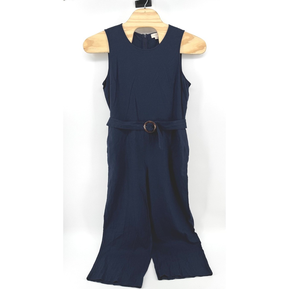 LOFT Outlet Linen Jumpsuit Women 14 Navy Blue Blend Belted Wide Leg Sleeveless